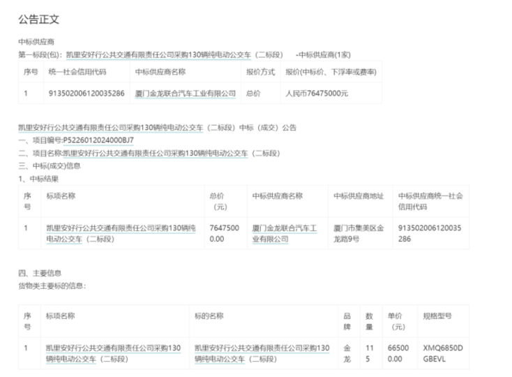 超7600万 115辆新能源公交！由金龙客车中标